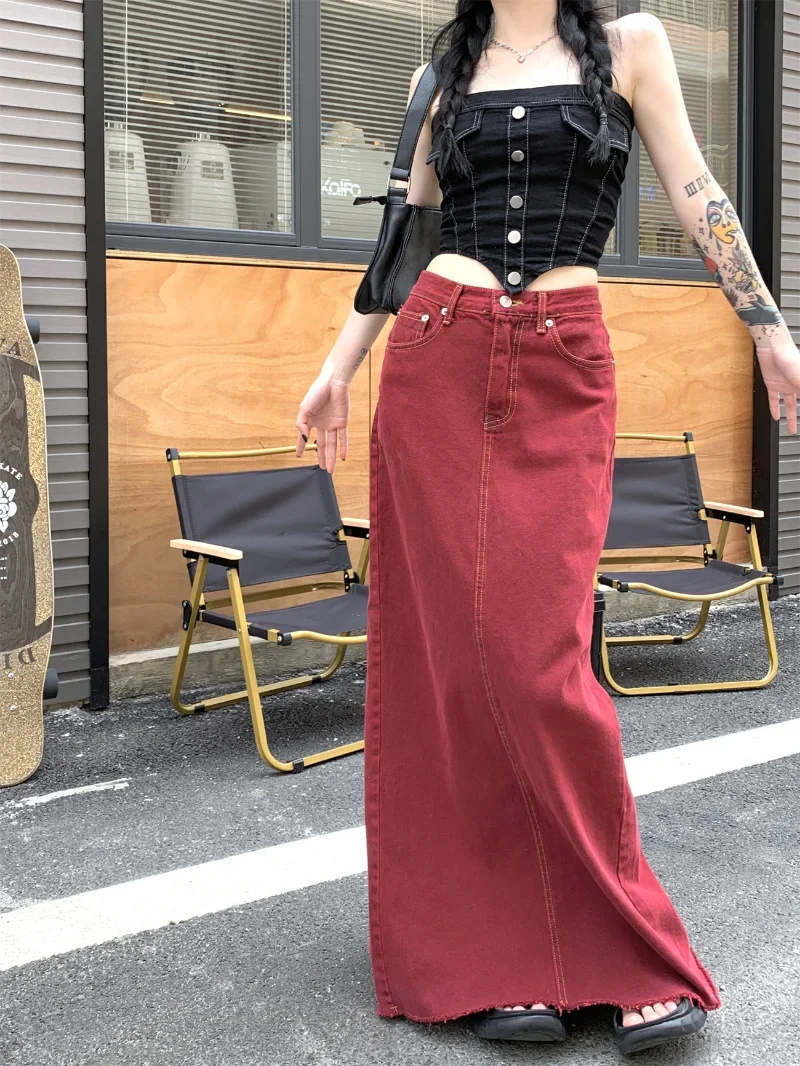 Women's Red Split Back Denim Skirt Summer Chic Design Street Style Solid Color Female Straight Floor Length Long Skirts