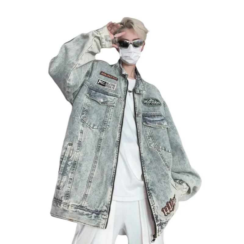 Man Women Denim Jacket Coat Spring Unisex High Street Stand Collar Padded Shoulder Design Cool Loose Casual Embroidered Washed