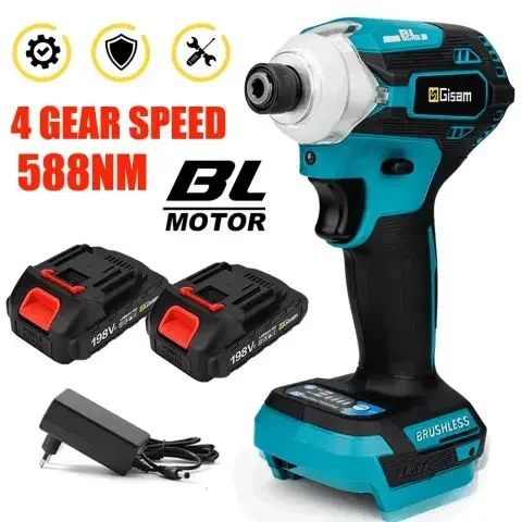 

Gisam 588N.m Brushless Electric Impact Driver Kit 4-Speed Cordless Drill 1/4‘’ Electric Screwdriver For Makita 18V Battery