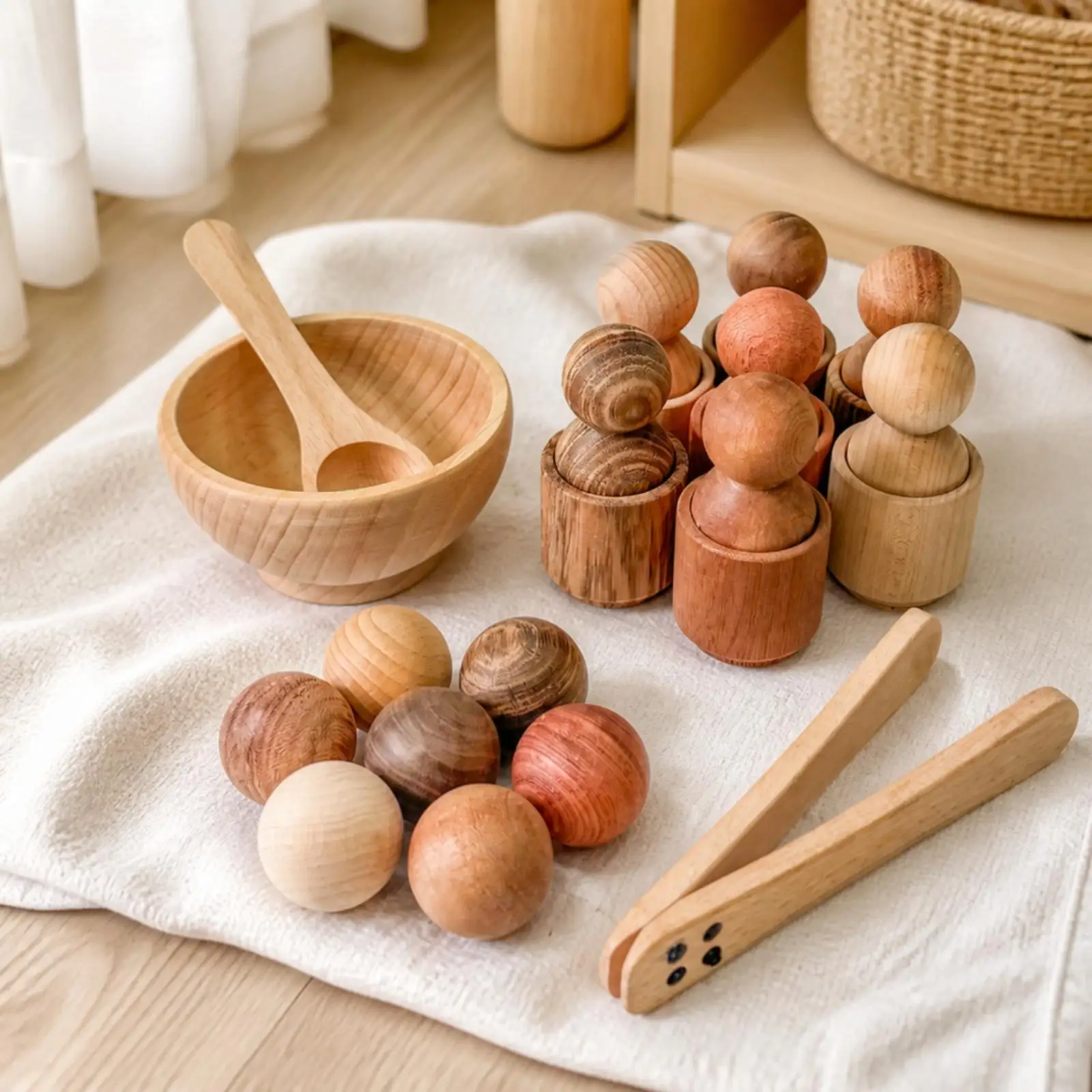 Wooden Sorting Toy with Bowl and Balls Wood Wooden Stacking Toy with Cups and Tongs Educational Color Sorting Activity Set for
