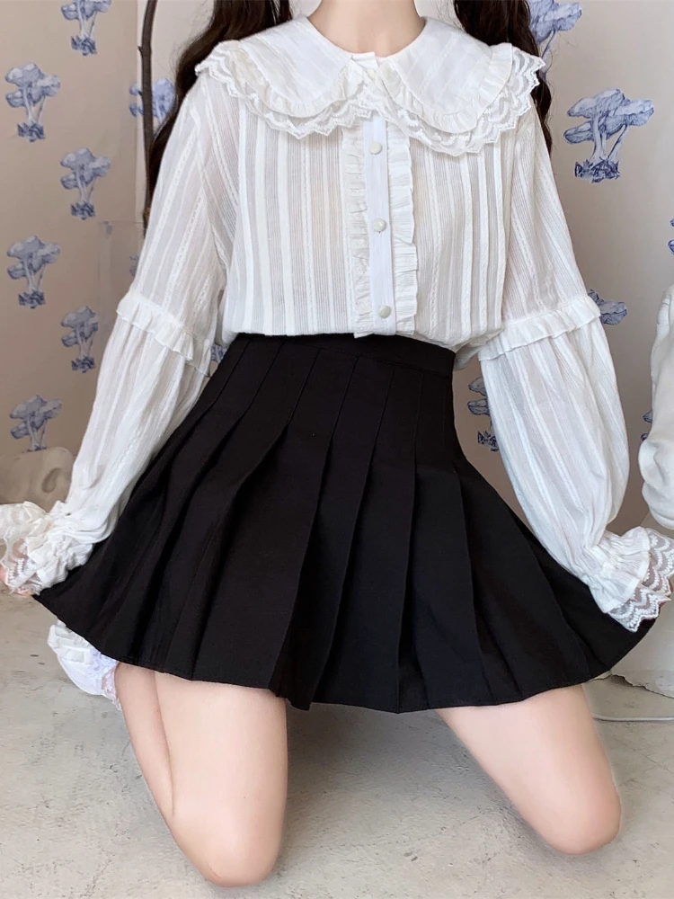 KOSAHIKI Japanese Kawaii Lolita Blouse Lace Ruffle JK Shirt Women Peter Pan Collar Long Sleeve Tops Female Casual Sweet Blusas