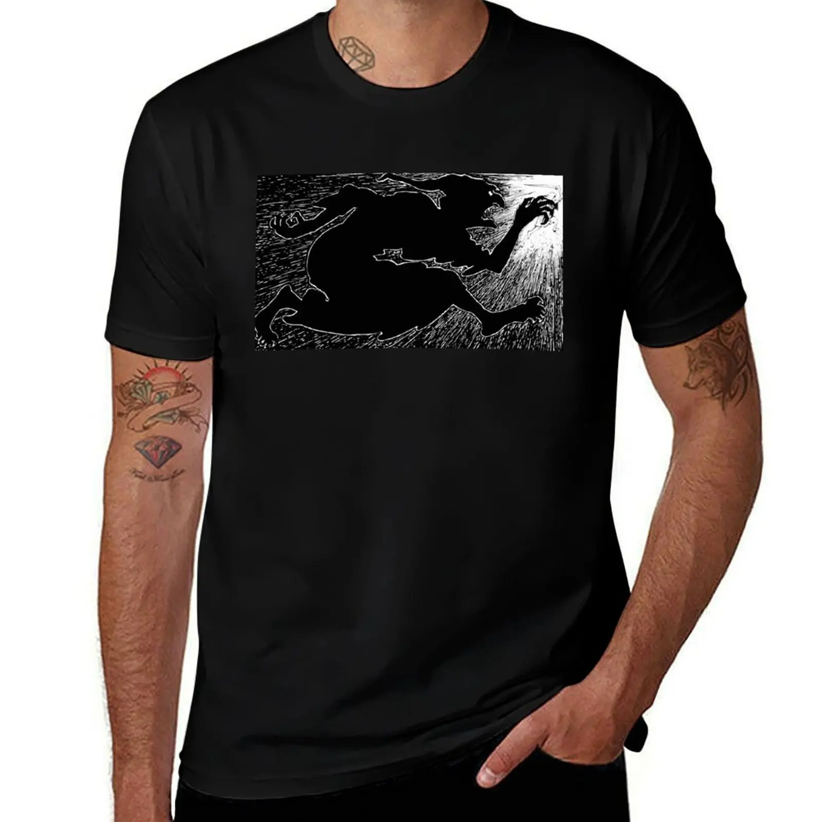 John Dickson Batten - Black and White Evil Witch Chasing Adventurer with Sword Fairy Tale T-Shirt