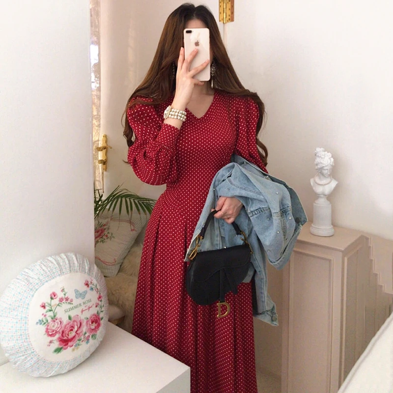 South korea Chic Retro Elegant Slimming V-neck Slim fit High Waist Lace-up Pleat Lantern Sleeve Small Polka Dot Dress Women