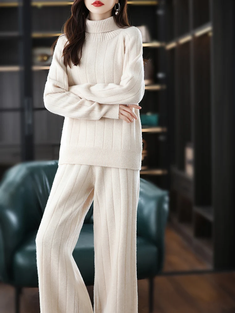 Fashion Suit 2024 Autumn Winter New 100% Wool Knitted Sweater Women Tops And Wide Leg Pants Two-Piece Female Thicken Suits