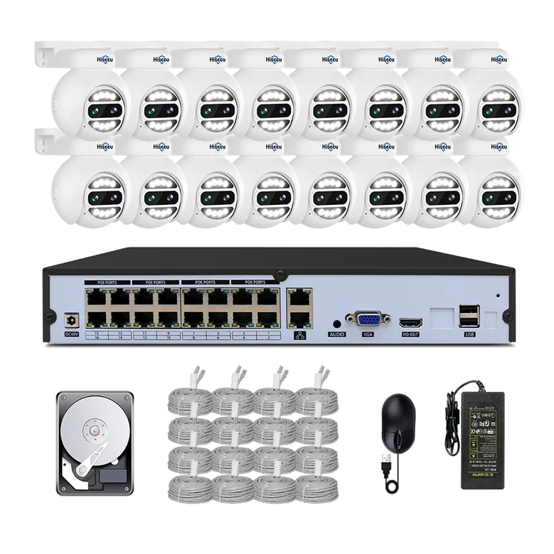 2-way Audio Night Vision Nvr Kit H265 IP65 4MP Dual Lens Ai Outdoor Dome Ptz Ip Poe Cctv Security Camera System 16 Channel H.265