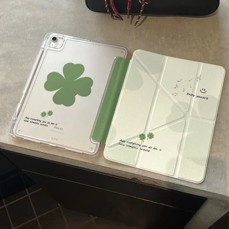 Minimalist Four Leaf Clover For iPad Case iPad Air 4 5 6 Pro 2022 11 12.9 13 M4 10.9 Mini 7 6 Y Folded Edge Case with Pen Holder