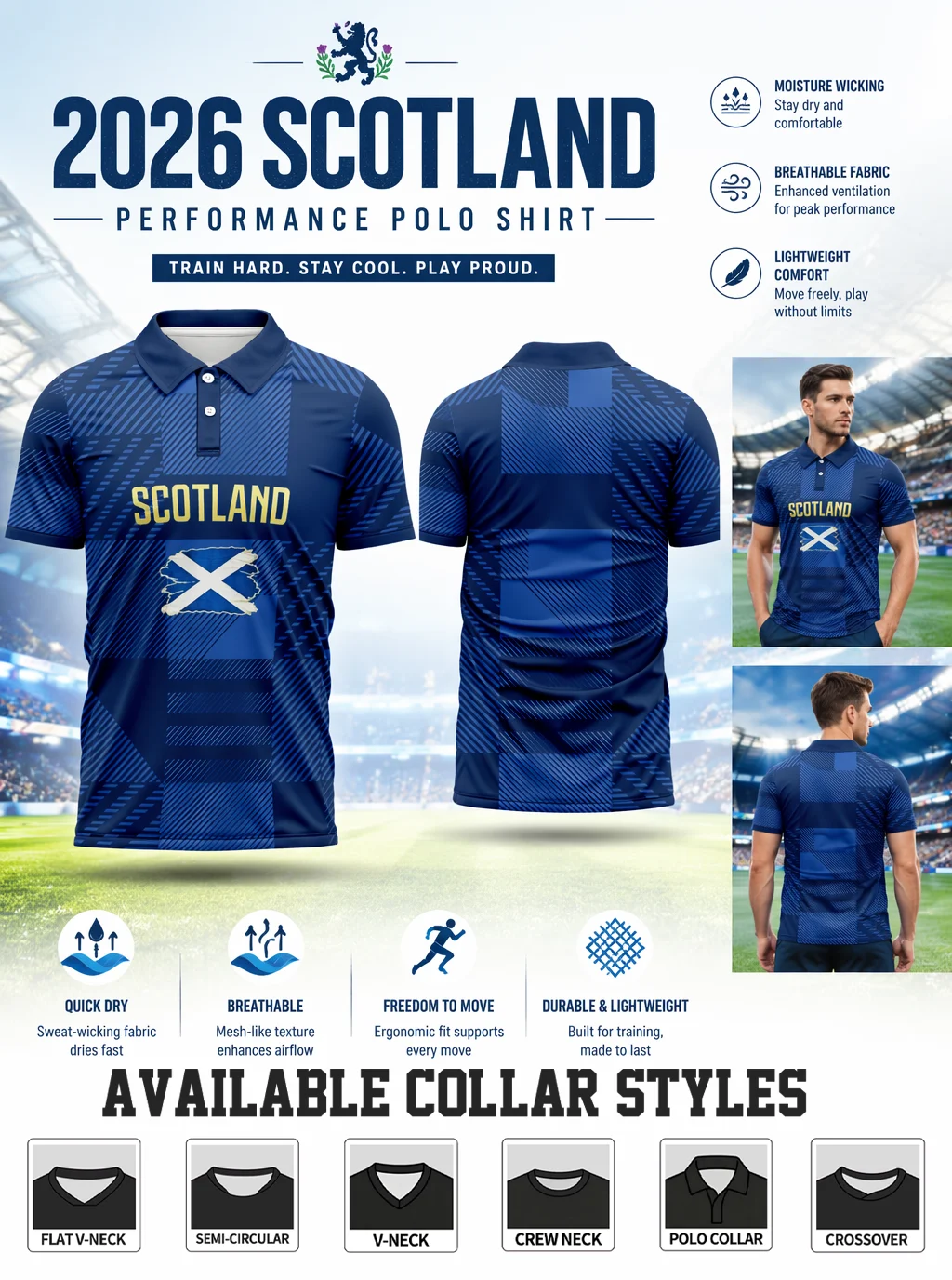 Scotland soccer polo shirt with saltire flag print. Quick dry breathable fabric for Scotland football supporters