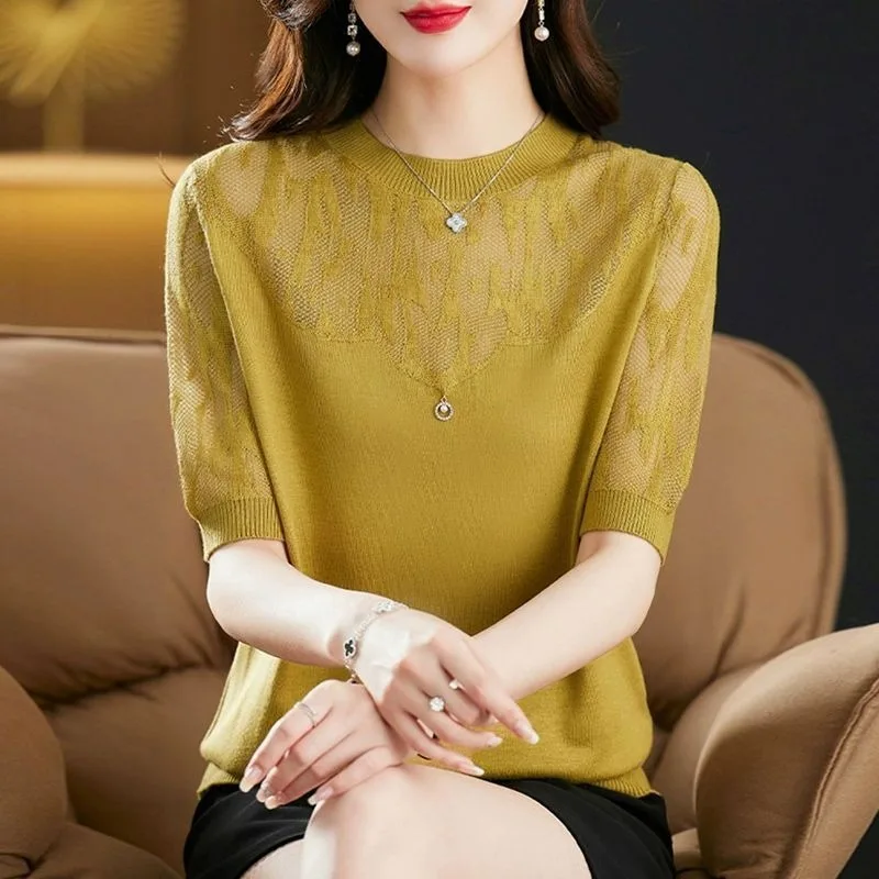 여성 스윗 스웨터 한국 라운드넥 시크 반팔 블라우스 풀오버 여름 레트로 슬림 홀터넥 크롭탑