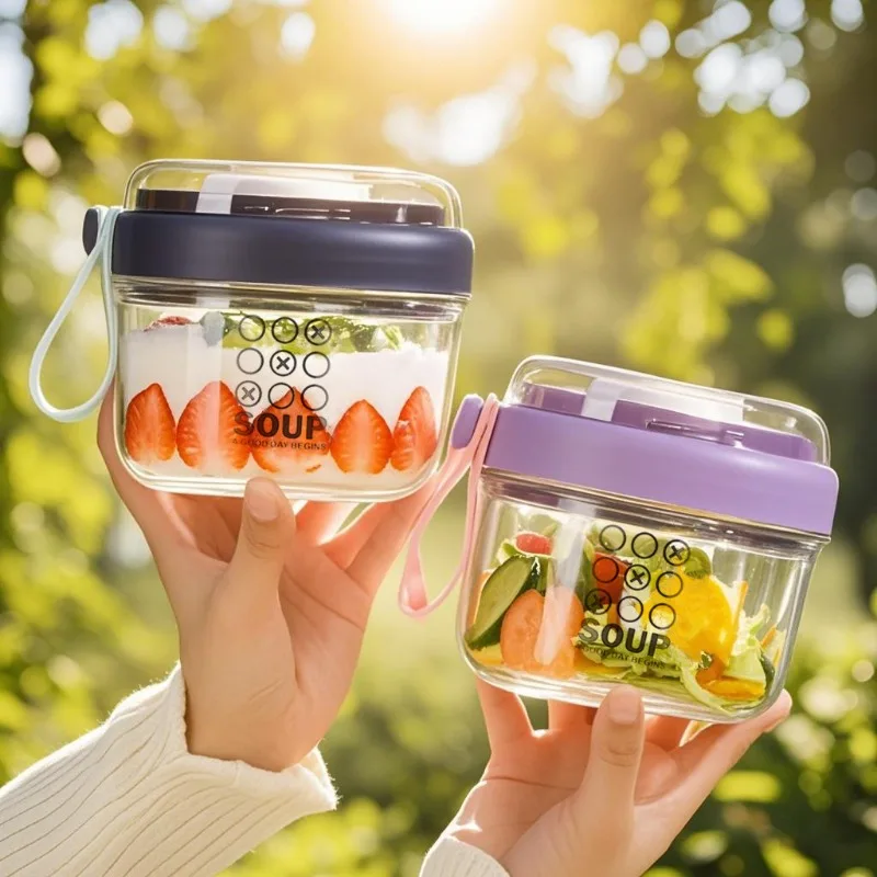 كوب سلطة بطبقة مزدوجة كوب دقيق الشوفان المحمول كوب الإفطار للطلاب كوب زبادي مع صندوق توزيع بغطاء