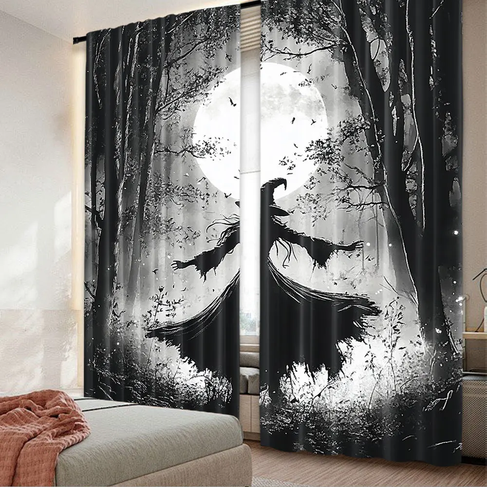 2Pcs Halloween Forest Curtain Horrible Foggy Full Moon Witch Silhouette Gothic Halloween Night Scene Bedroom Bathroom Decor