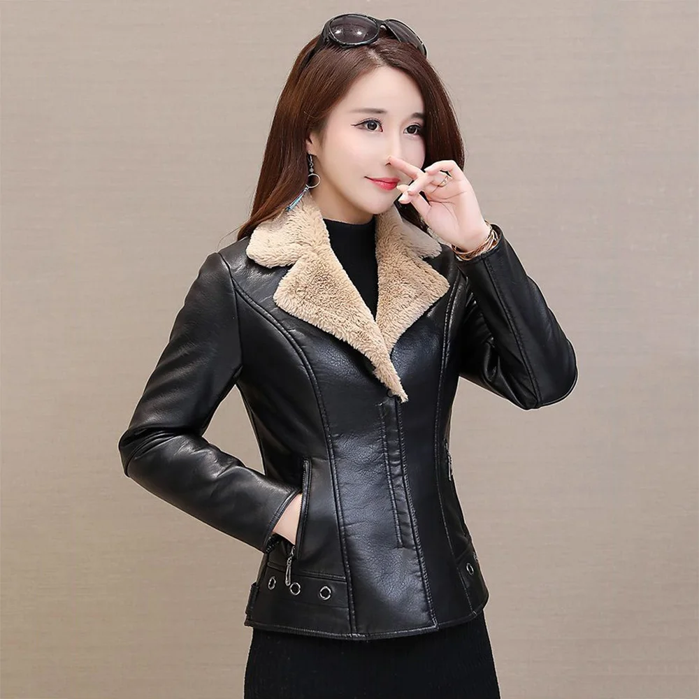

New Women Autumn Winter Velevt Liner Jacket Fashion Turn-down Collar Slim Waist Plus Velvet Coat Casual Warm Thick Jacket Female