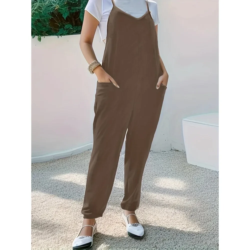

Plus Size 1XL-5XL New Women's Suspender Pants with Back Strap Ladies Solid Color Trendy Pocket Jumpsuits