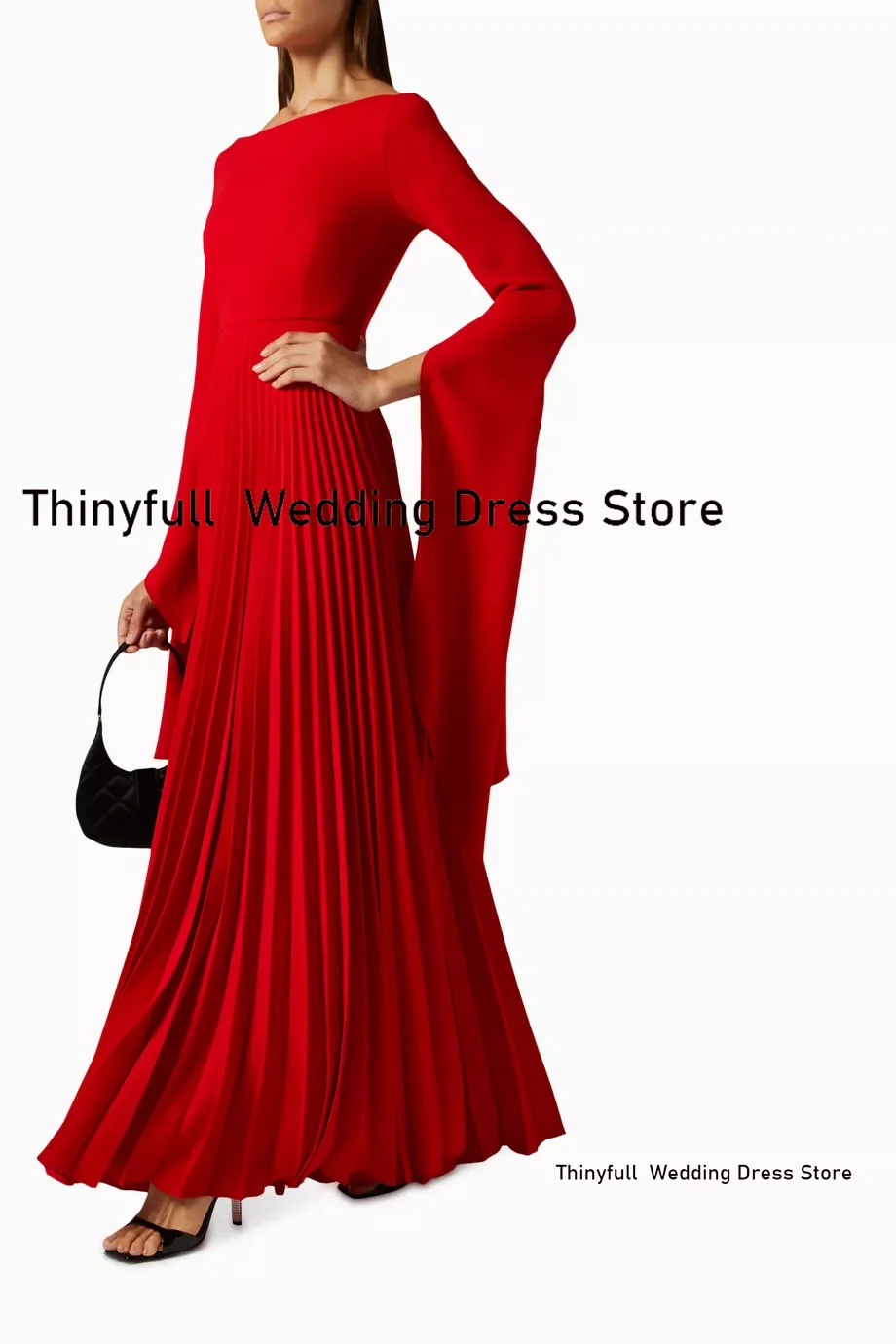 Thinyfull A-line Satin Red Arab Prom Dresses O-neck Long Sleeves Evening Party Gown Pleat Dubai Customized Formal Occasion Dress