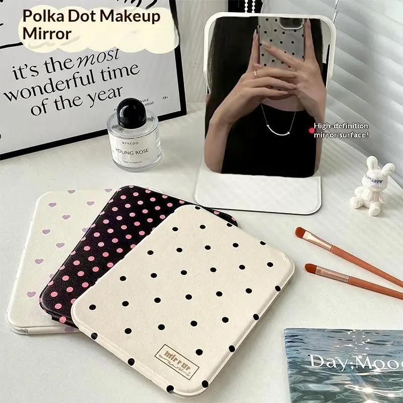 Desktop Makeup Mirror Solid Color PU Leather Simple Portable Handheld Makeup Mirror Foldable Student Compact Cute Pocket Mirror
