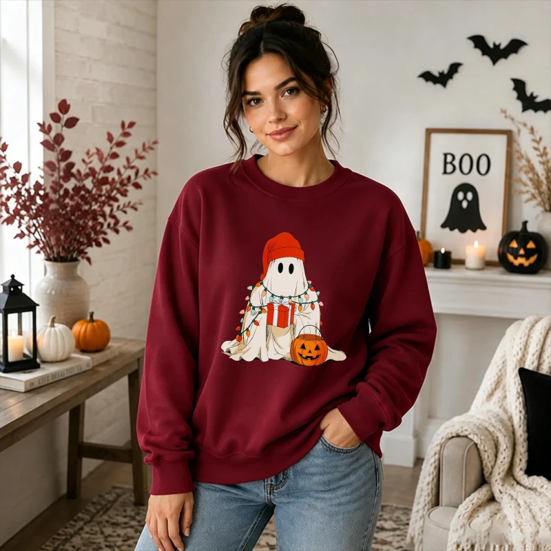 Cute Ghost in Santa Hat Mixed Halloween Christmas Design Pumpkin Bucket Xmas String Lights Gift Box Spooky Holiday Cartoon Tops