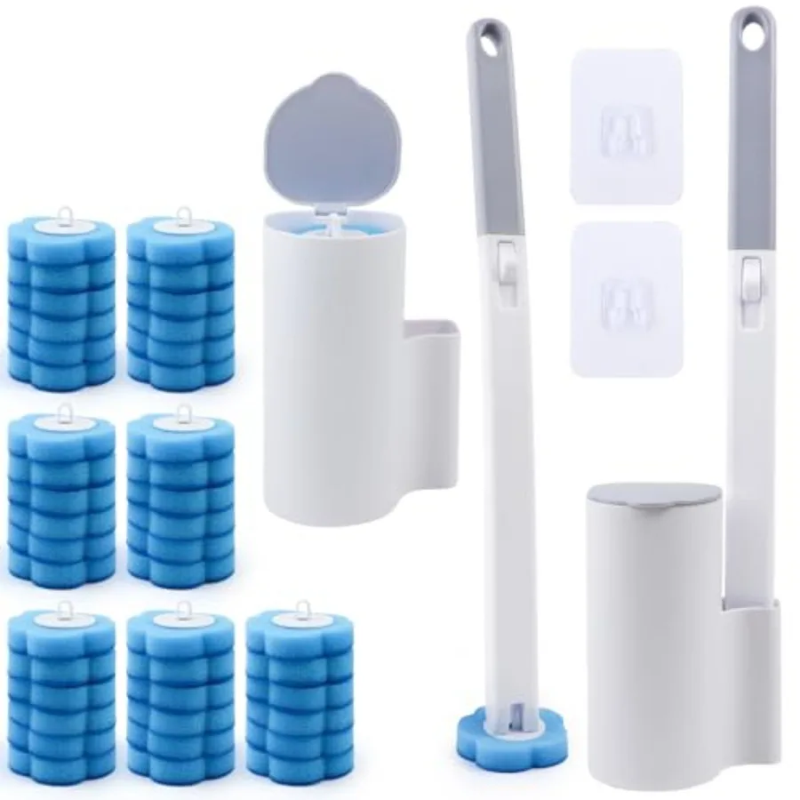 Lot de 2 brosses de toilette jetables avec 42 recharges de nettoyant, brosse WC jetable, nettoyeur de toilettes mural avec support