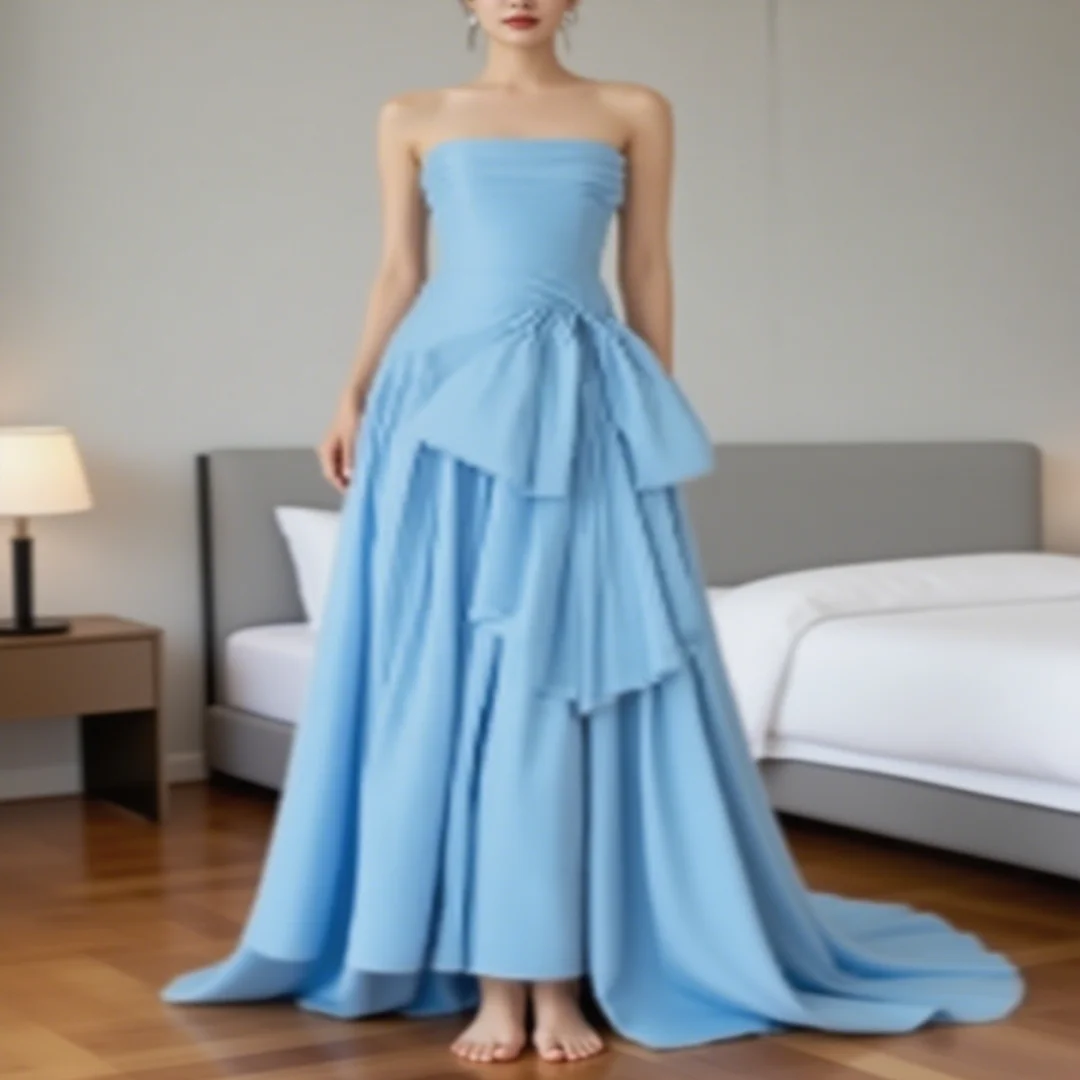 

Customized A-shaped strapless bow and floor-length sleeveless evening dress for ladies, suitable for formal parties and events.