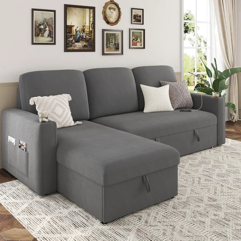 87" Pull Out Sleeper Sofa Bed with Storage Chaise, Reversible 2 in 1 Sectional Sofa Bed with Charging Station and Cup Hol