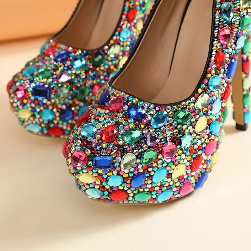 Sexy Fashion Women's Pumps Rhinestone Platform Wedding Thin Heels Round Toe Shallow Party Blue Pole Dancing Woman Shoes