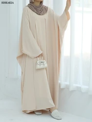 Siskakia Ramadan Dubai Solid Loose Abayas Morocco Fashion Two-piece set Maxi Dress Batwing Sleeve Kaftan
