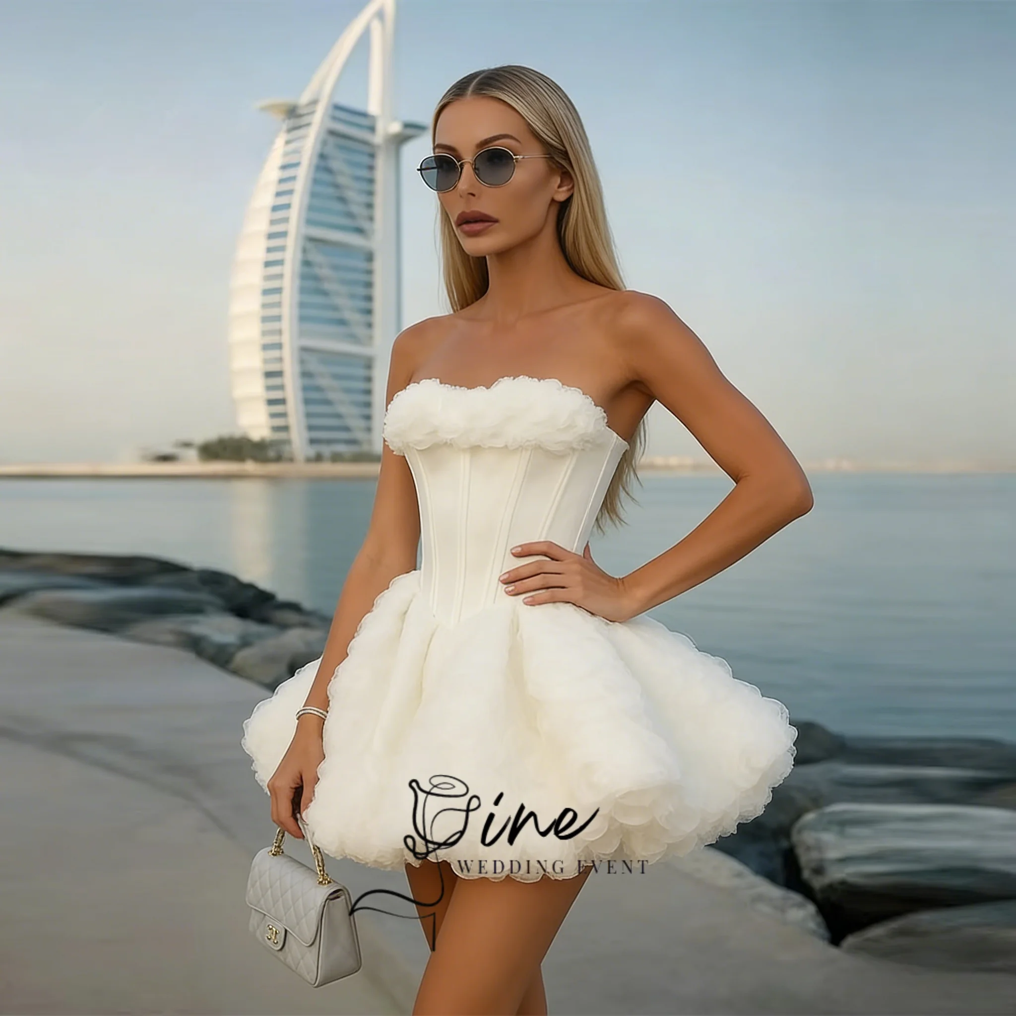 Oine Charming Strapless Mesh Mini Wedding Dress with Floral Ruffles Cute Puffy Ruffles Tulle Princess Bridal Gown Customized