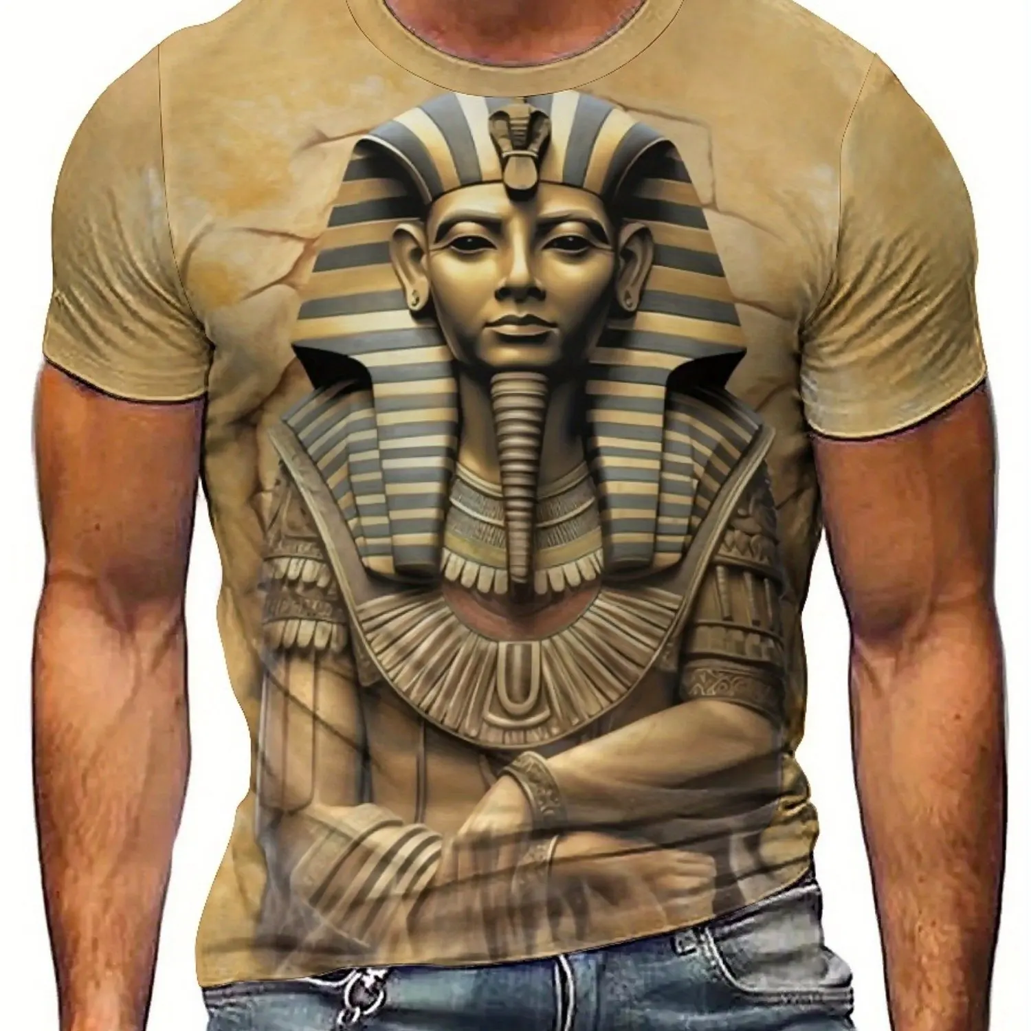 Camiseta masculina plus size com estampa 3D do faraó egípcio – estilo retrô Y2K respirável e confortável, manga curta com gola redonda