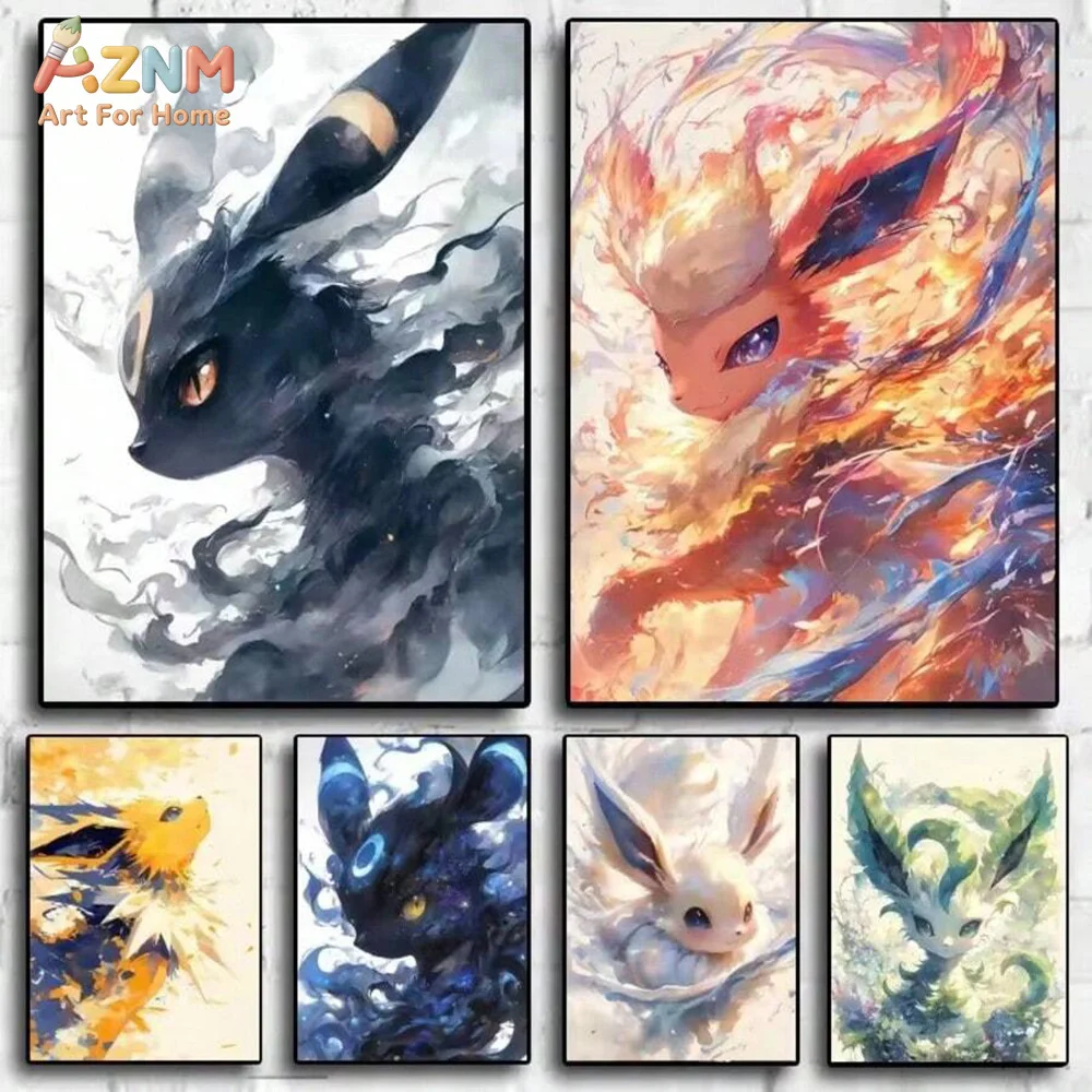 AZNM Watercolor Eeveelutions Canvas Print Unframed Umbreon Flareon Jolteon Espeon Leafeon Anime Wall Art Poster