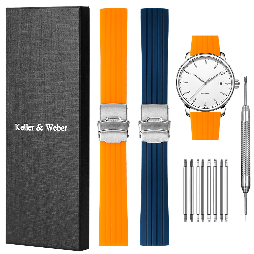 2pcs/Set 20mm Rubber Blue Orange Silicone Watch Band Sets Gift for Wrist Watch Replacement Packed with Box Tool