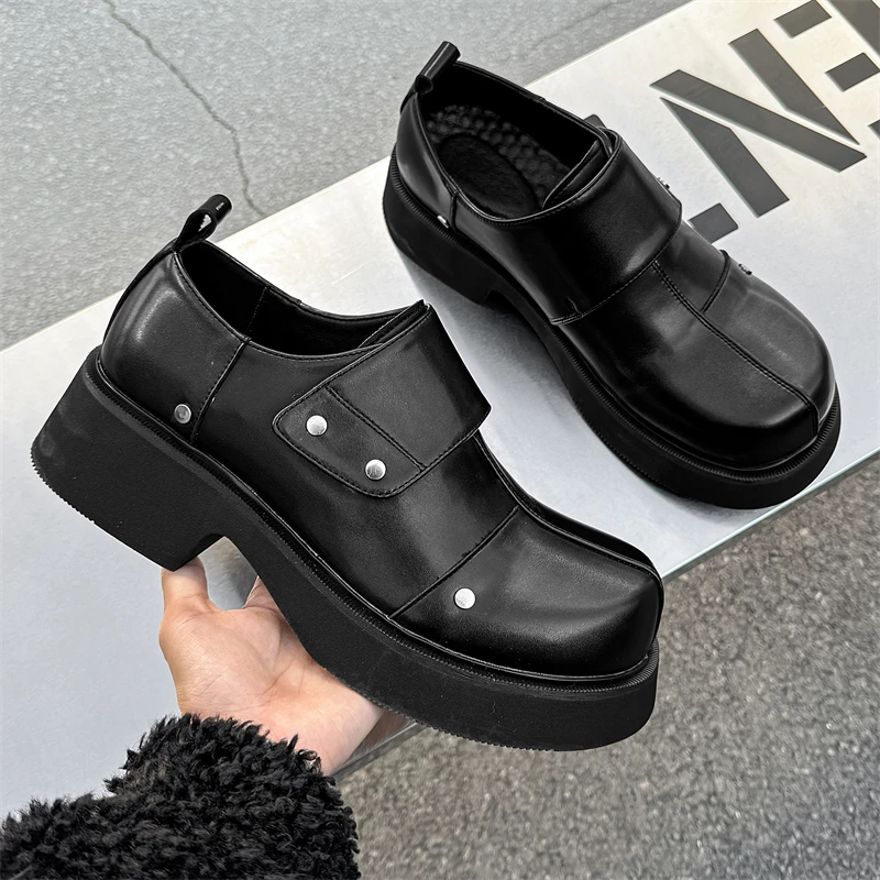 Original Design Hight Quality British Punk Style Black Leather Loafers For Men's Hombre Daily Dress Height Increasing Shoes