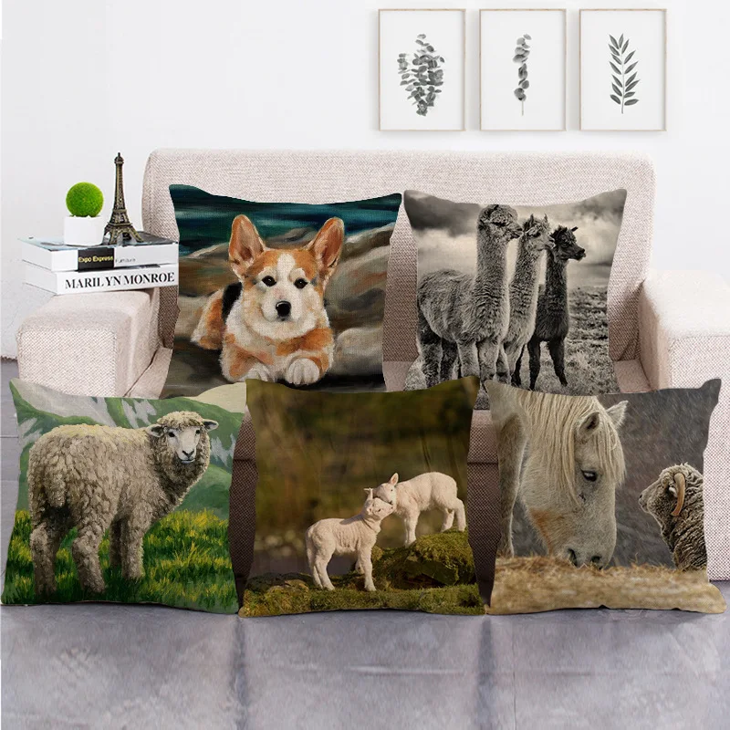 Animal Color Sketch Linen Pillowcase Funny Dog White Sheep Horse Throw Pillow Cover Home Decor Boho Sofa Garden Bedroom 45x45 Cm