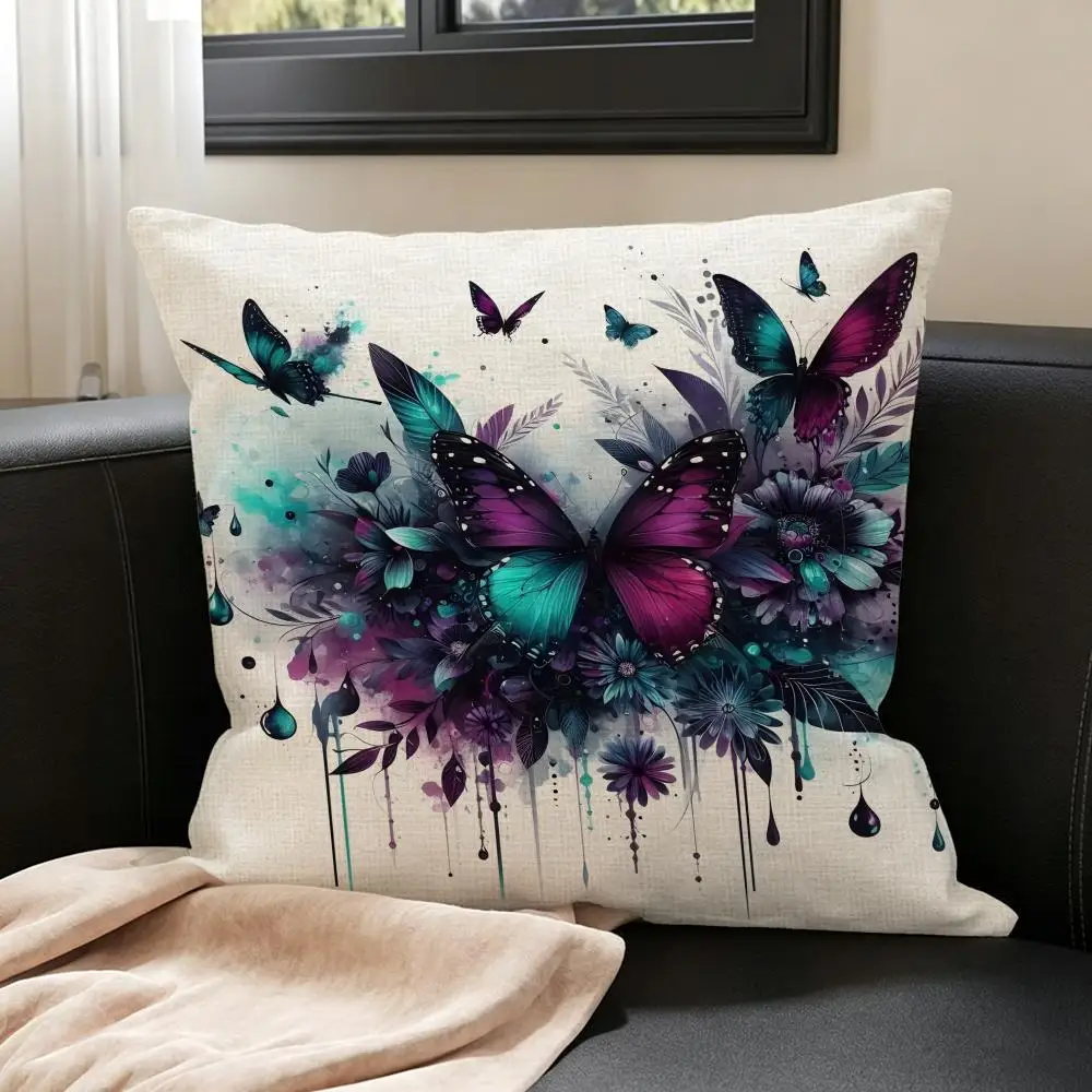 Artwork Lavender Roses and Butterflies Cushion Cover Natural Linen Pillowcase Set, All-in-One Decor for Sofa, Bedroom & Chair