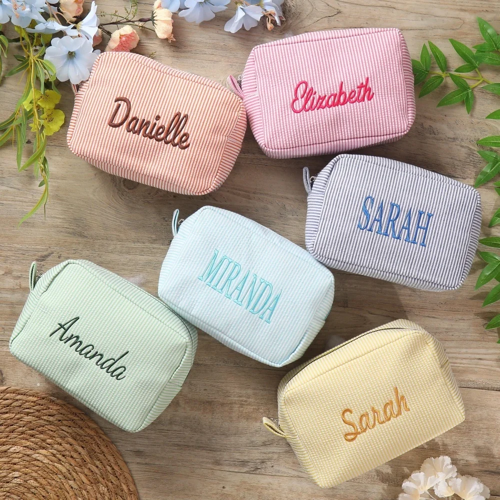 Custom Name Embroidered Striped Seersucker Toiletry Pouch,Lightweight Zipper Makeup Bag,Personalized Accessory for Bridal Shower
