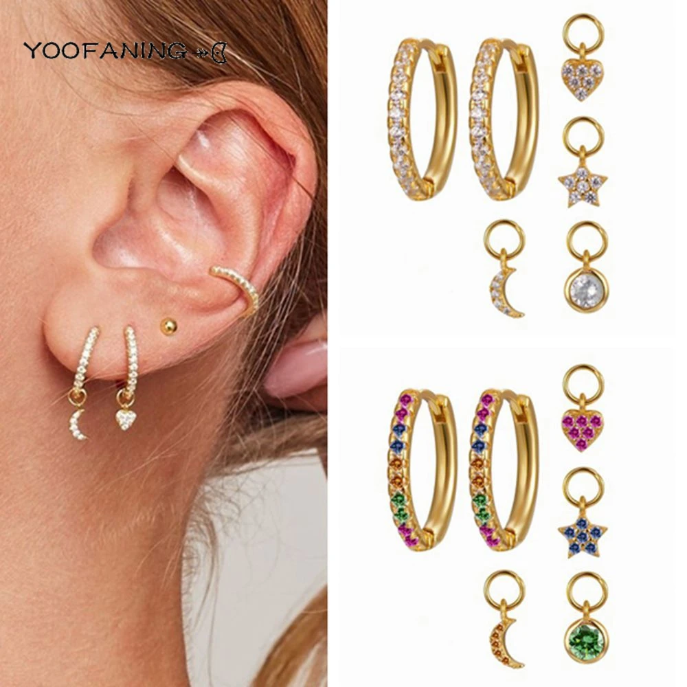 Aguja de oreja de Plata de Ley 925, formas circulares, exquisitas estrellas de circón multicolor/luna/diseño, pendientes para mujer, regalos de joyería