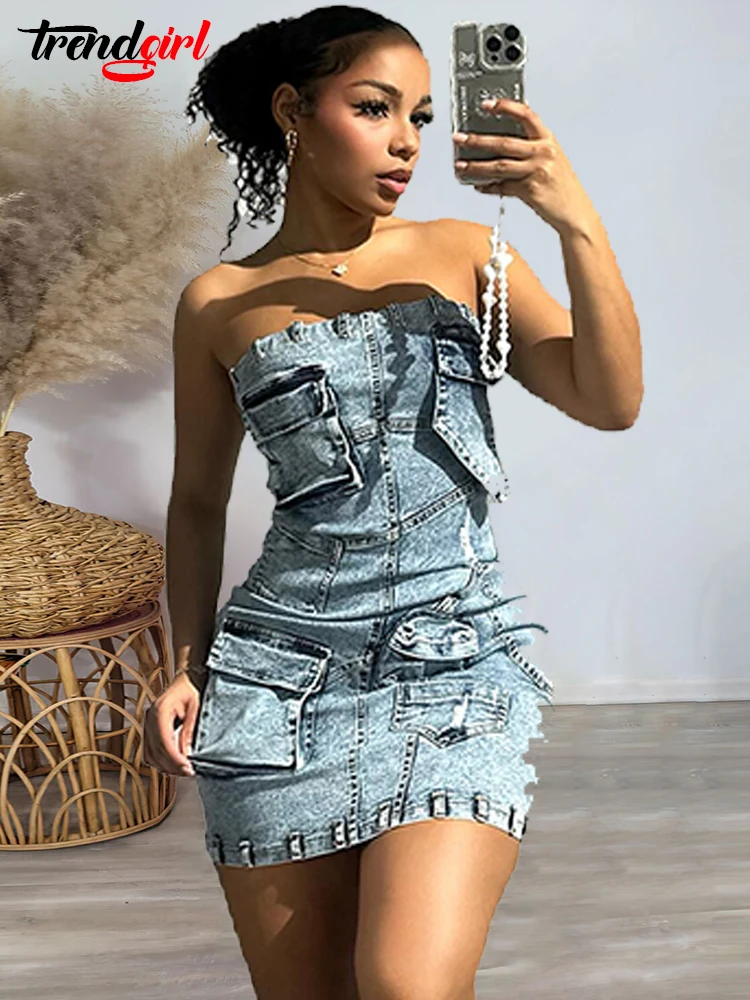 Mlaiscsr sexy jean estiramento mini vestido feminino streetwear sem alças uma peça bolso bodycon denim aniversário noite clube vestidos