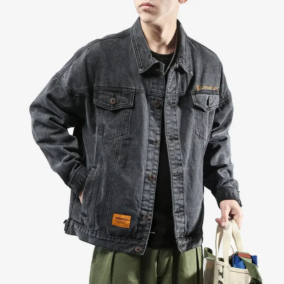 

GELITAYIN Men's Denim Jacket Overcoat Black Male Jean Coats With Embroidery Trendy Clothing Fast Delvery Washed Fashion Size L M