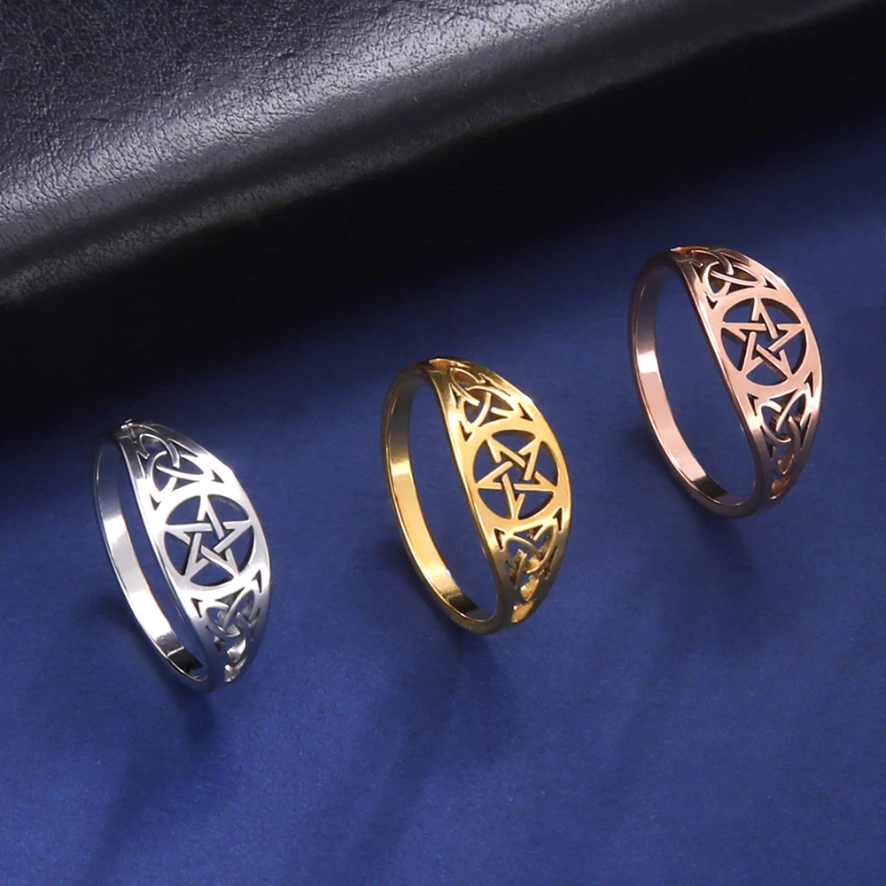 Dawapara Pentacle Pentagram Star Irish Celtics Triquetra Trinity Knot Ring Stainless Steel Amulet Wiccan Jewelry for Women Girls