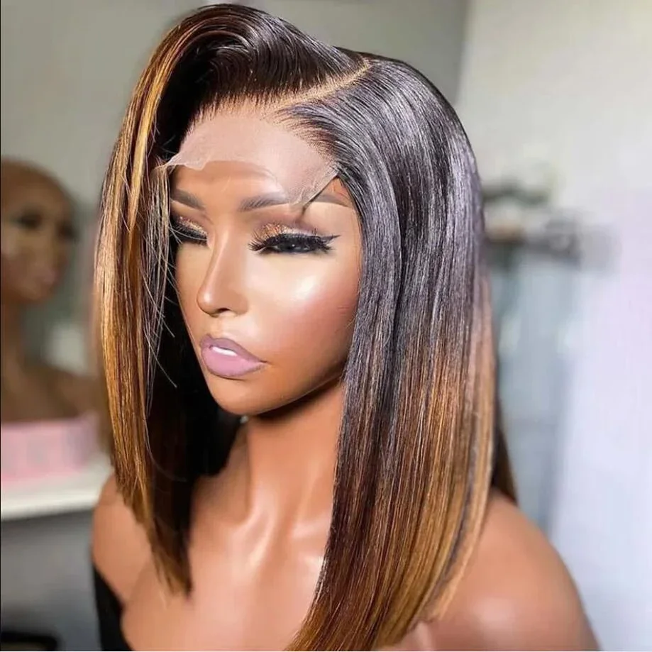 

Ombre Brown Short Bob 180% Density Straight Synthetic Lace Front Wig For Women With BabyHair Preplucked Glueless