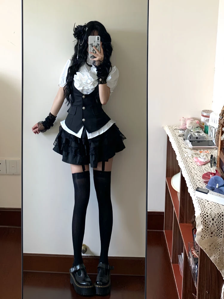 Anni 2000 Americano Retro 3 Pezzi Set Donna Casual Y2k Crop Top Camicetta + Gilet + Gonne Outwear Sottocultura Harajuku Abiti Vintage