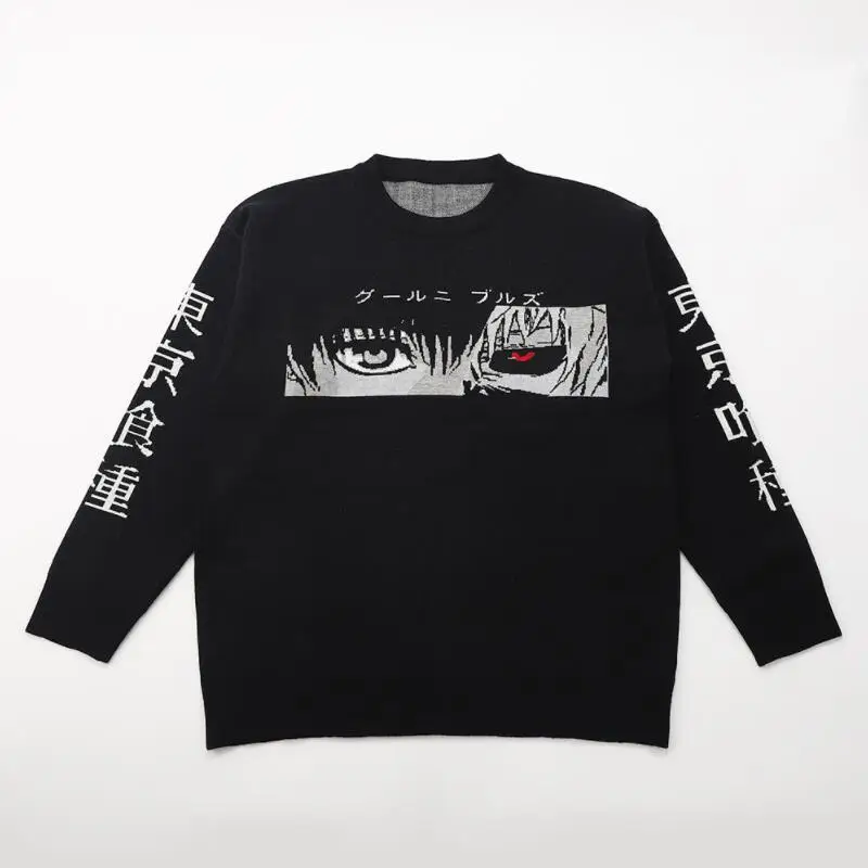 

Men's Anime Jacquard Sweater Gothic Street Hip-Hop 2022 Autumn Winter Japanese Oversized Couple Pullover Harajuku w289