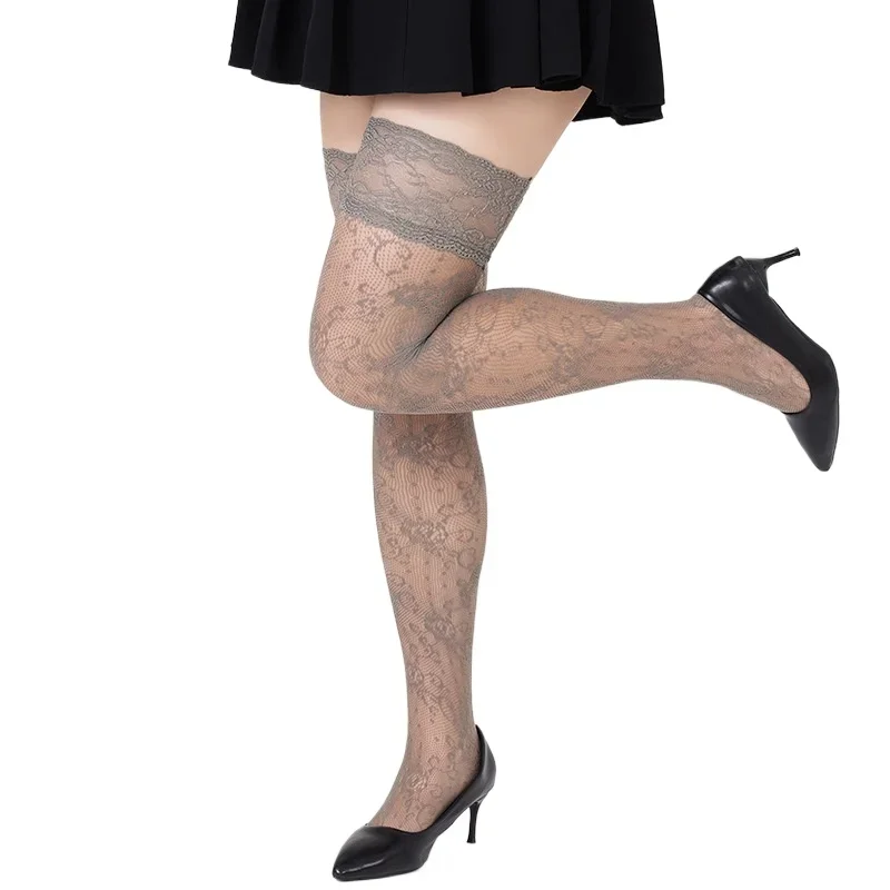 Neue graue Strümpfe in Übergröße, breite Spitzenstrümpfe, modische kniehohe Netzstrümpfe, Retro-Blumenmuster, atmungsaktive Strümpfe für Damen