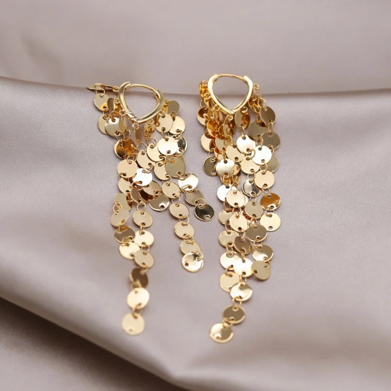 South Korea new design fashion jewelry 18K gold plated metal sheet long tassel earrings Luxury women's party accessories