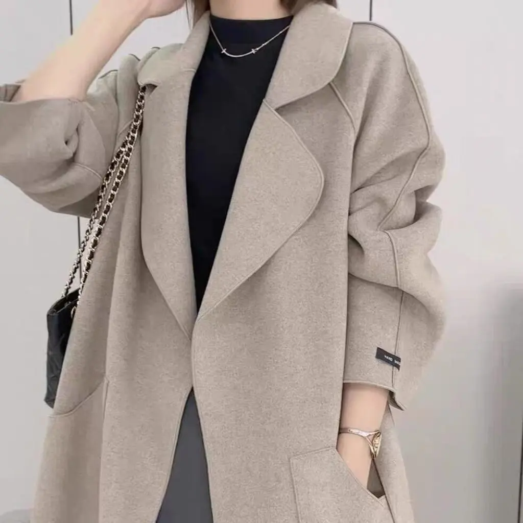 

Women's Double-Sided Woolen Coat Mid-Length Solid Color Slim Fit French Style Loose Outerwear for Autumn And Winter