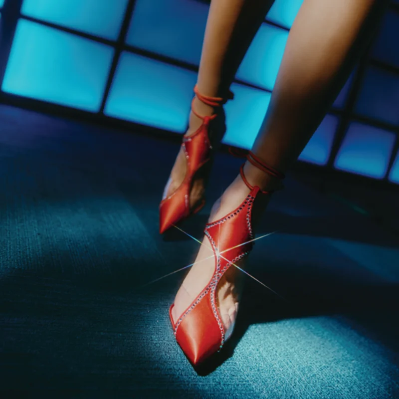 

Newest Diamond Shaped Cut-outs Women Pumps Ankle Laces Wrap Pointed Toe Crystals Embellished Fashion Runway Shoes
