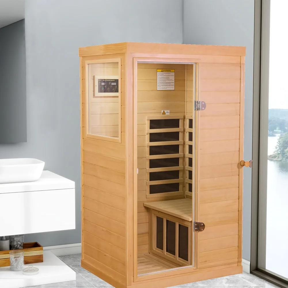 Far Infrared Wooden Sauna Room with 1050W，1-Person Size Left Bench，6 Heating Plates，10-15 Minutes Pre-Warm Up，Infrared Sauna