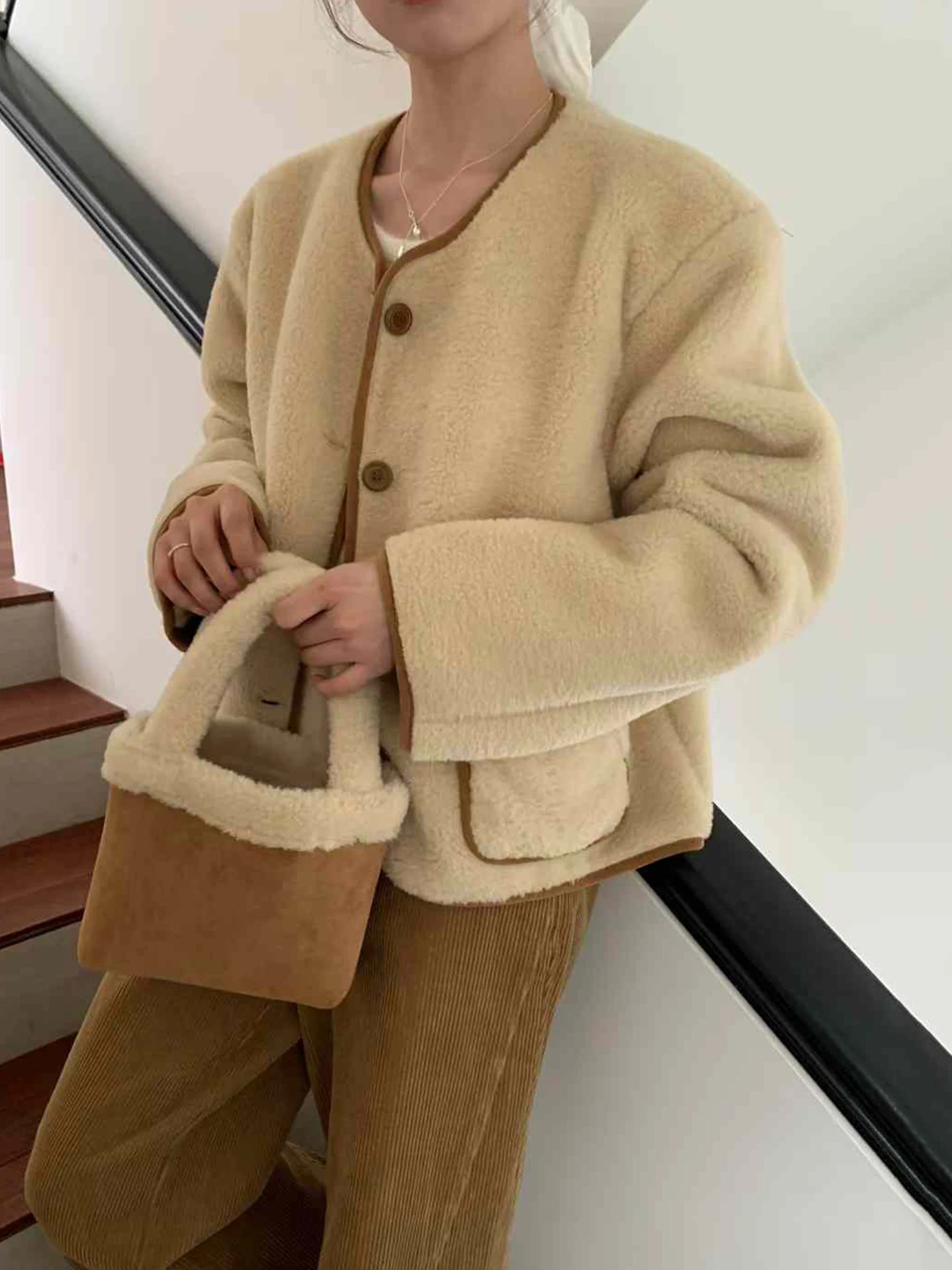 الرجعية التباين اللون القطن فرو الضأن ort Jaet المرأة فضفاضة كيت أعلى شتاء جديد Sle Faion ملابس خارجية معطف #1