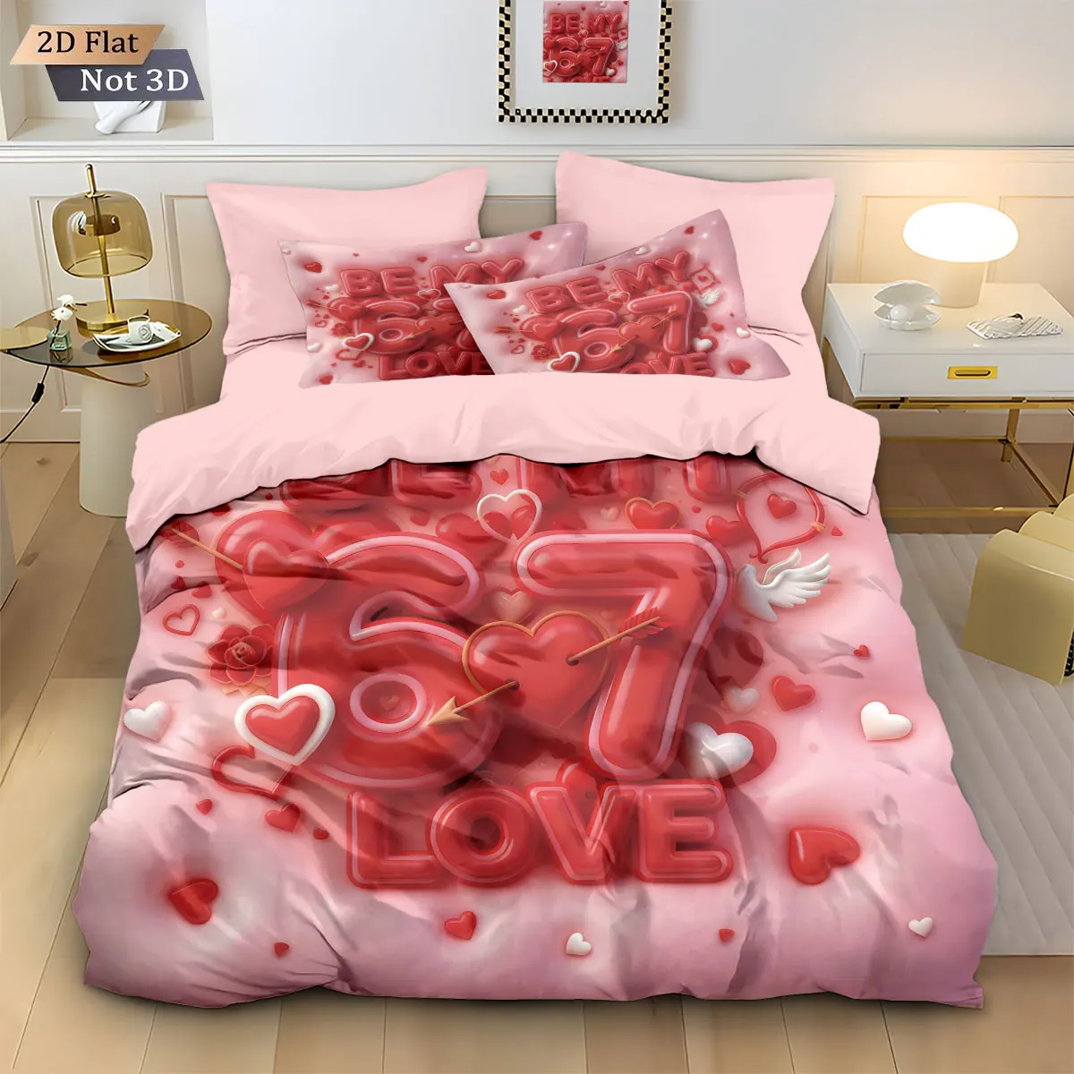 3pcs Valentine's Day Pink Romantic 67LOVE Print Coreless Down Duvet Cover Set Multi Size Bedroom Bedding Festival Decoration