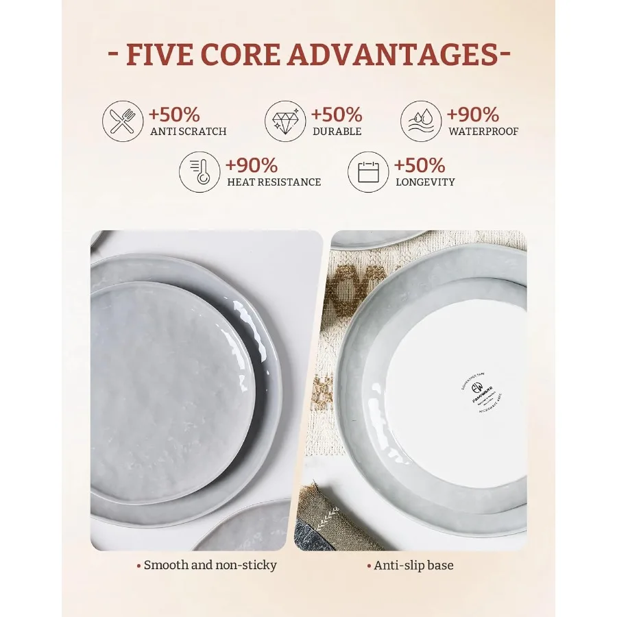 طقم أطباق وأطباق مطبخ حديثة من البورسلين تتسع لـ 6 أشخاص أواني طعام مصنوعة يدويًا بحافة مموجة مع ميكروويف أنيق باللون الرمادي ود #6