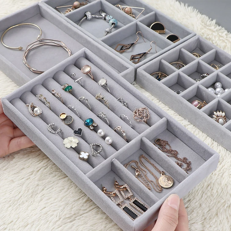 Velvet Jewelry Display Stackable Exquisite Jewellery Holder Portable Ring Earrings Necklace Organizer Box