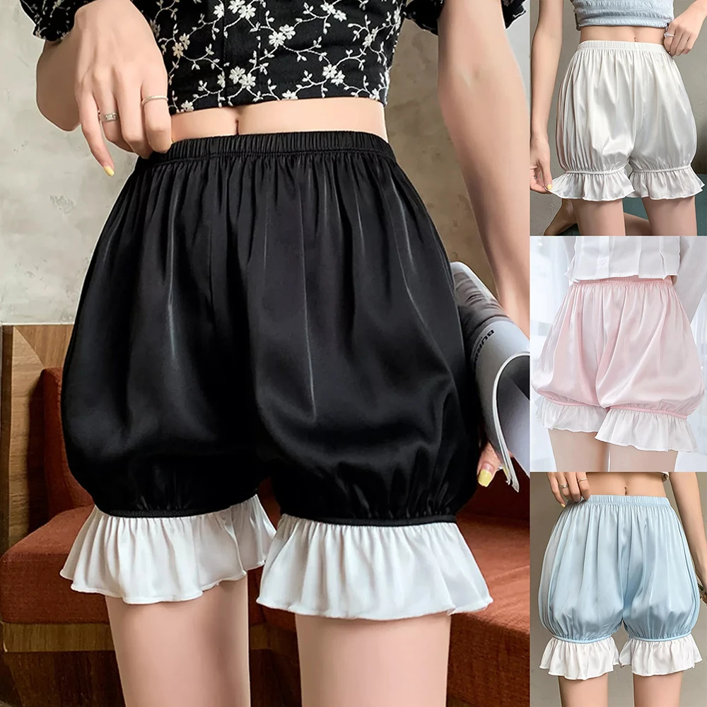 Lolita คอสเพลย์ซาติน Bloomers กางเกงผู้หญิง Ruffled กางเกงฟักทอง Anti Exposure ยืดหยุ่นโคมไฟกางเกงขาสั้นชุด Pettipants