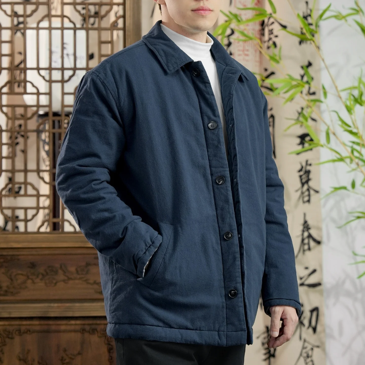 

Утепленная хлопковая куртка для мужчин с воротником-стойкой, зимняя, теплая, защита от холода, в традиционном китайском стиле, удлиненная, приталенная, молодежный тренд